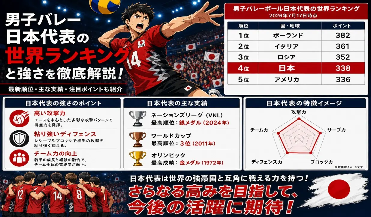 男子バレー日本代表の世界ランキング、国際大会の実績、攻撃力や守備力の特徴を示したアニメ風図解