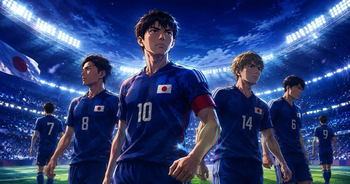 ワールドカップの大事な一戦に挑む日本代表をイメージした、実在する代表背番号を参考にしたイラスト風サッカー画像