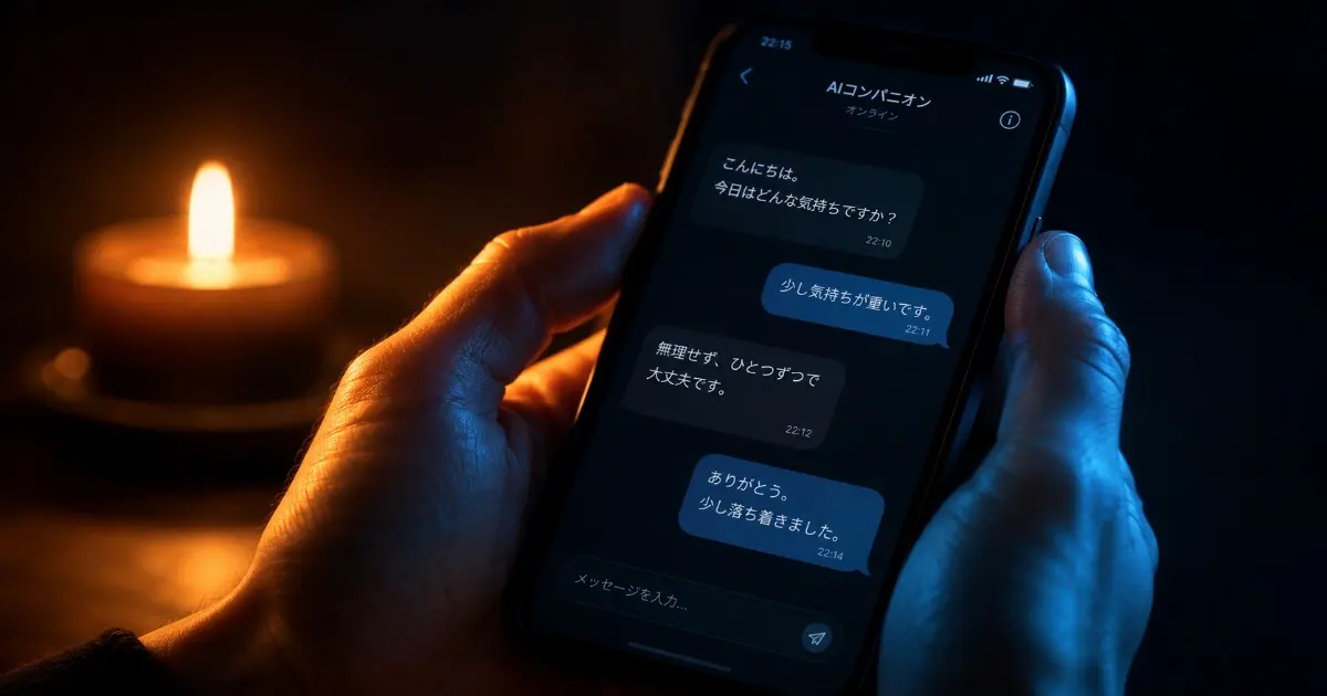 夜の薄暗い部屋の木製デスクに置かれたスマートフォンのクローズアップ。 画面にはAIチャットのインターフェースが表示され、青白い光が周囲を照らしている。 スマホの隣には一輪の花が置かれている。窓の外には遠くにぼんやりとした街の光が見える。 物悲しく静寂な雰囲気。浅い被写界深度。青とアンバーのカラーパレット。 フォトリアリスティックなデジタルアート画像です。