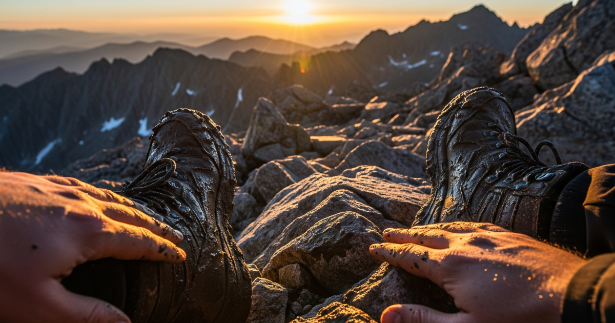 「泥臭い失敗談（＝価値ある経験）」を象徴する、朝日を浴びて輝く泥だらけの登山靴の画像です。