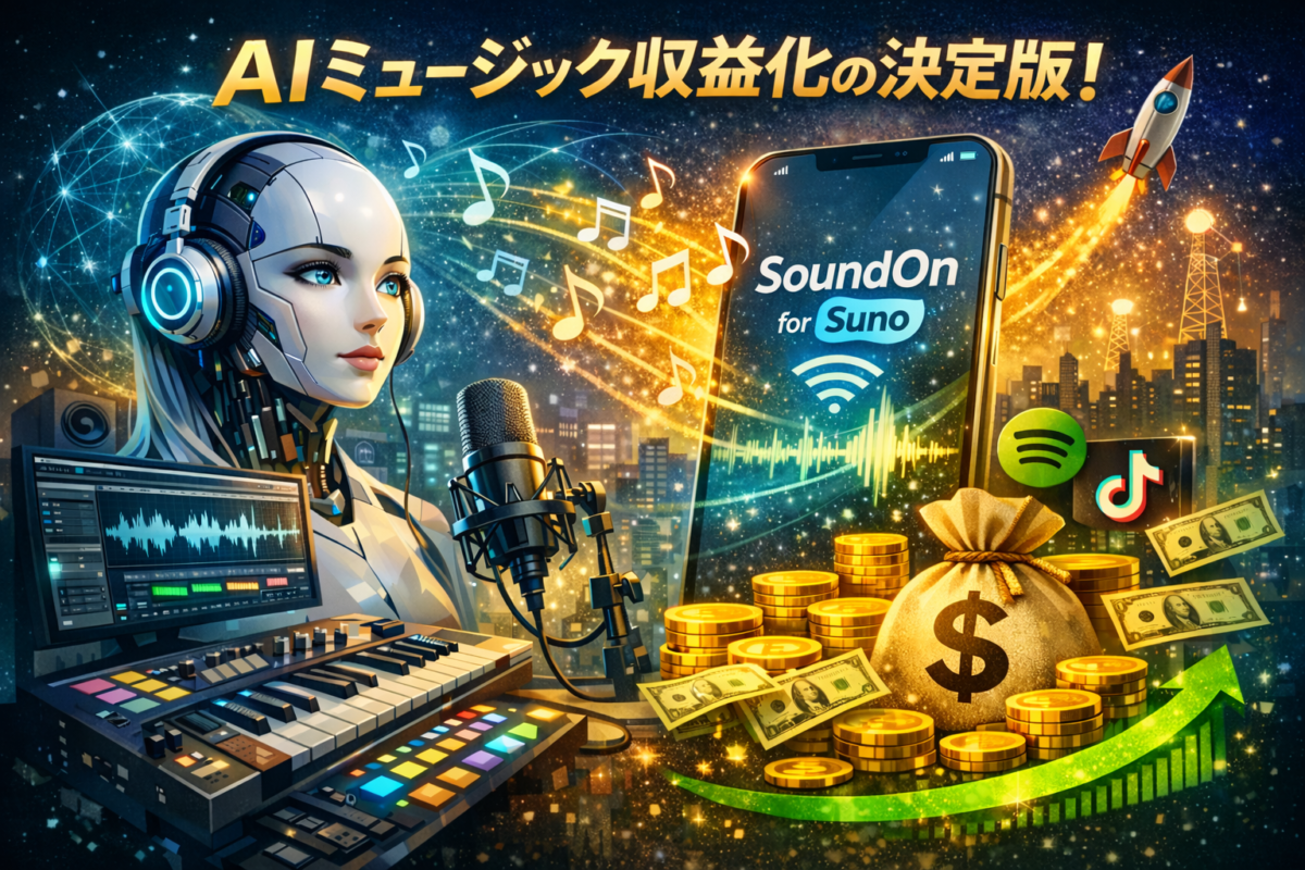 AIで生成した音楽を音楽配信サービスで収益化する方法を表した画像。