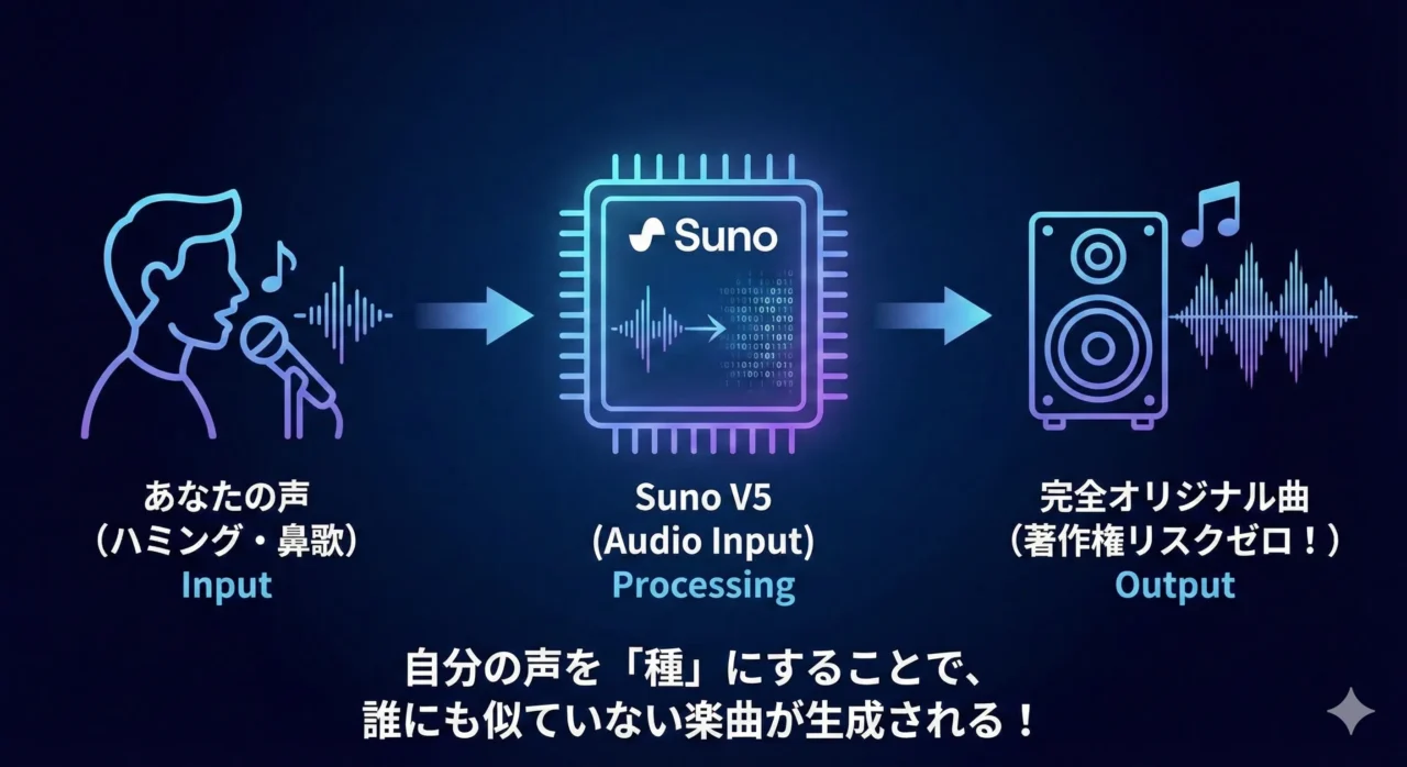 「自分の声を種にする」という、著作権リスクを回避するための最重要テクニックを、直感的なフロー図で表現しました。