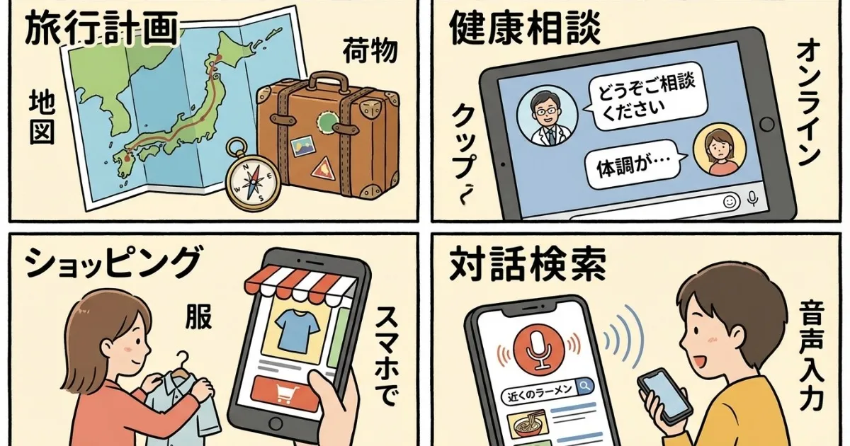 4つの小さなコマで構成された漫画風イラストで、上段左には旅行計画（地図とスーツケース）、上段右には健康相談（医師とチャット画面）、下段左にはショッピング（洋服とスマホ画面）、下段右には対話型検索（ユーザーがスマホに話しかける）を表した画像です。