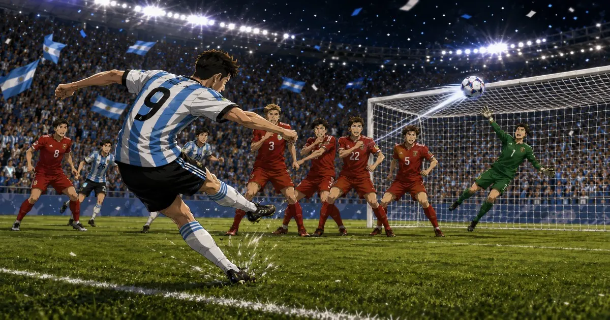 サッカーW杯2026アルゼンチン対スイス戦で延長後半に放たれた決勝シュートのイメージ