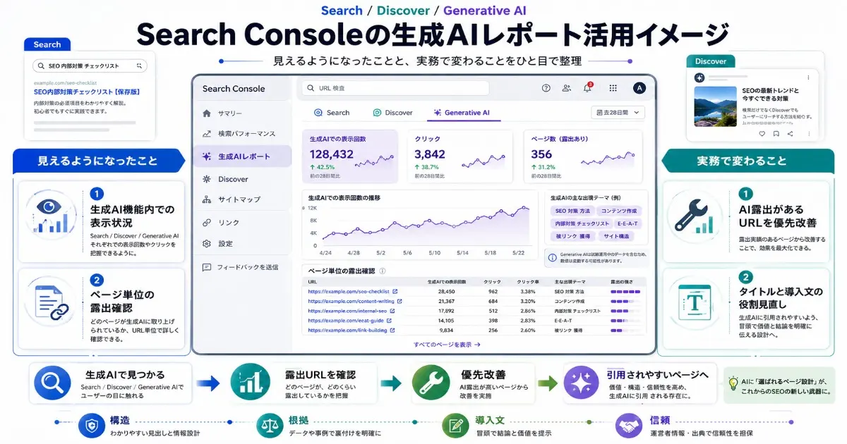 Search Discover Generative AI 見えるようになったこと ・生成AI機能内での表示状況 ・ページ単位の露出確認 実務で変わること ・AI露出があるURLを優先改善 ・タイトルと導入文の役割見直し Search Consoleの生成AIレポートの活用イメージ。
