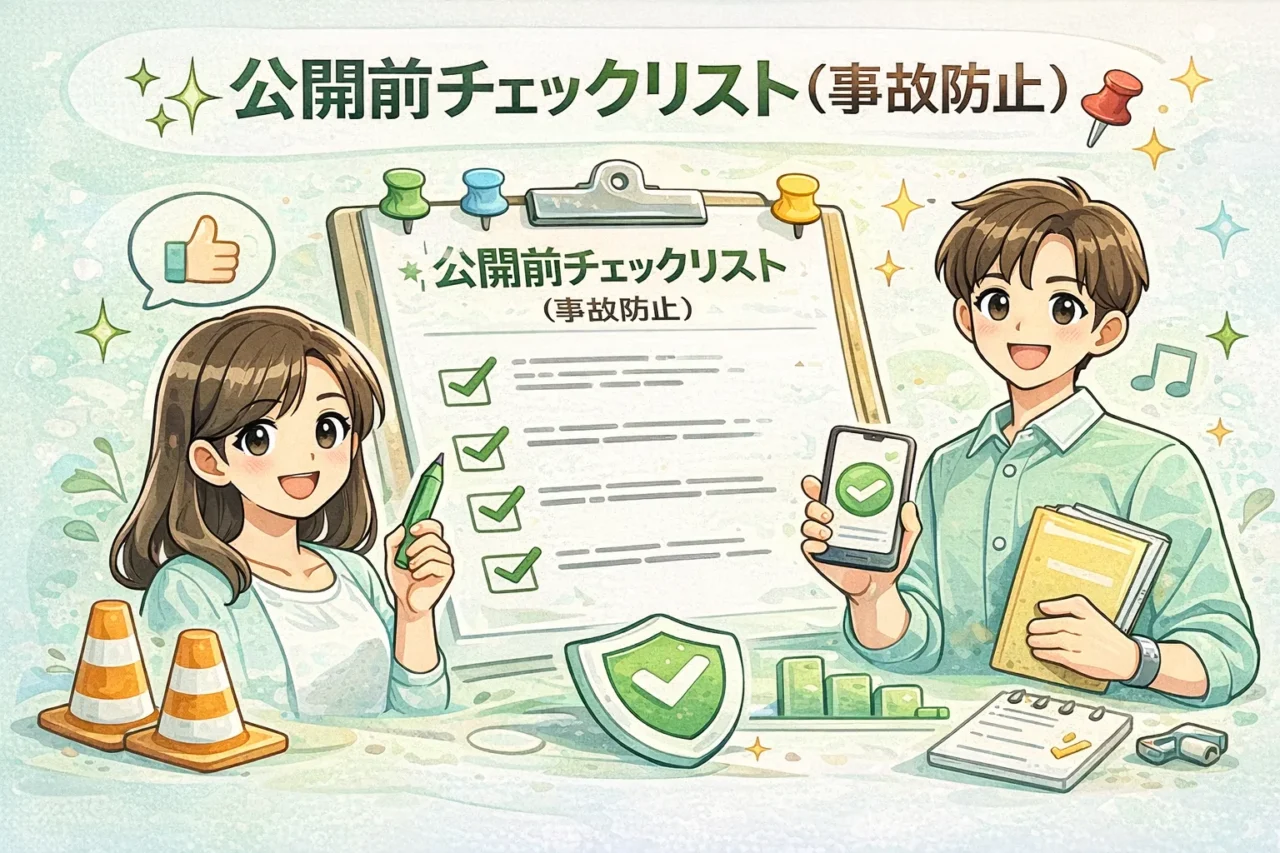 複数の確認項目、盾・警告・チェックが並ぶ“安全確認”の絵です。