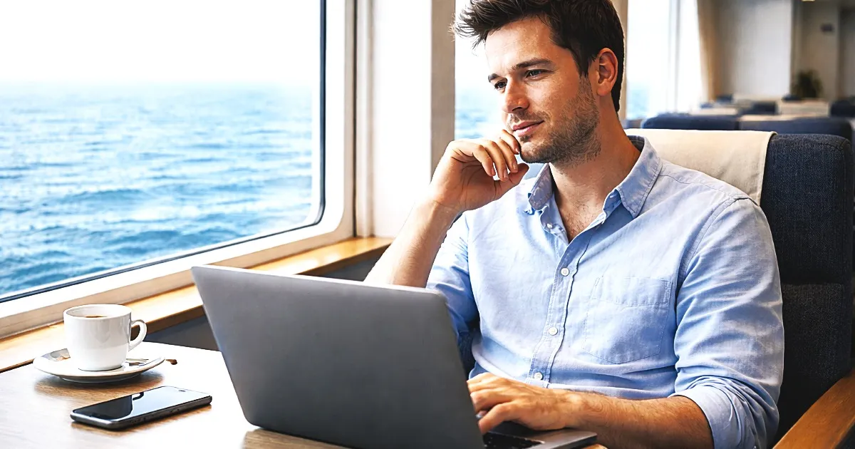 海を眺める思索的な男性をイメージした画像です。