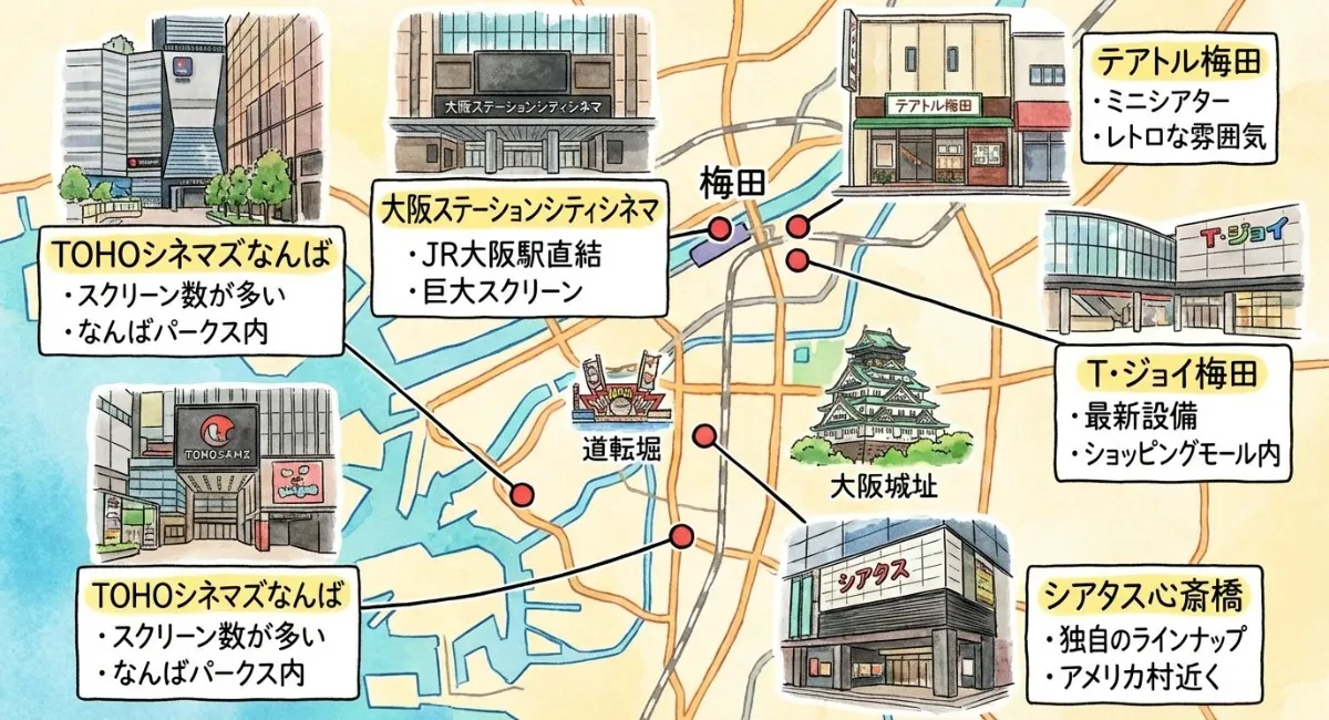 大阪の地図上に、TOHOシネマズなんば・大阪ステーションシティシネマ・テアトル梅田・T・ジョイ梅田・シアタス心斎橋の外観イラストを配置したコラージュで各劇場名と特徴を小さく表示しています。