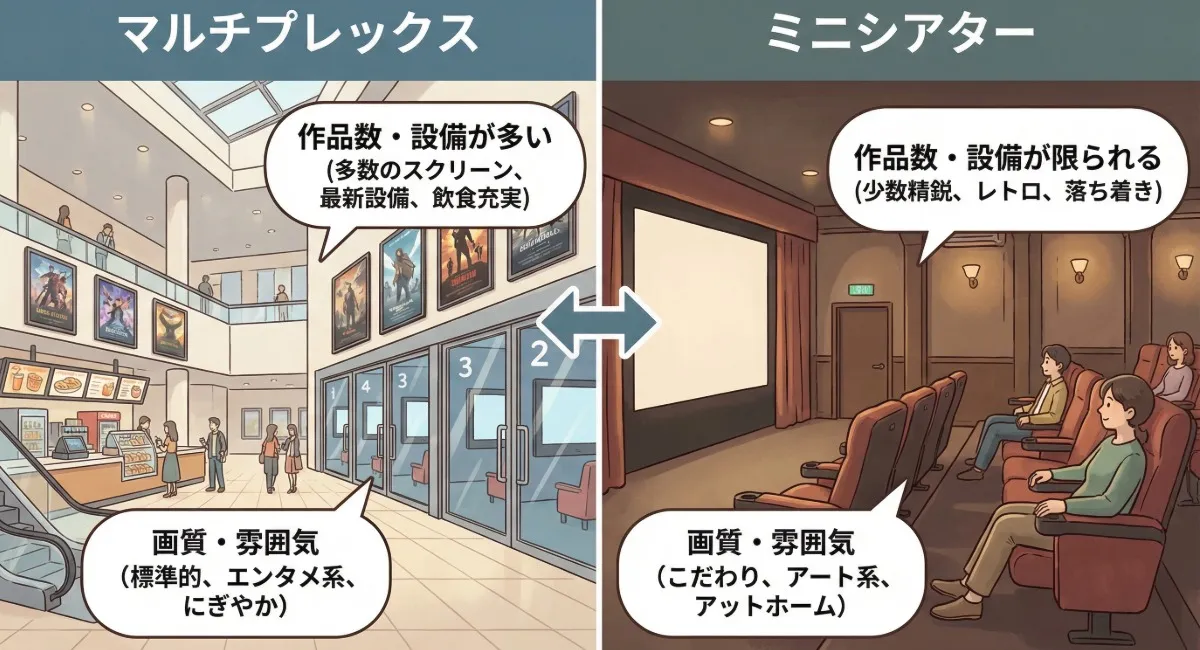 左側に大型シネコンのロビーと複数スクリーンのイラスト、右側に小さなミニシアターの内観イラストを配置した比較図。上部に『シネコン』『ミニシアター』のラベル。
