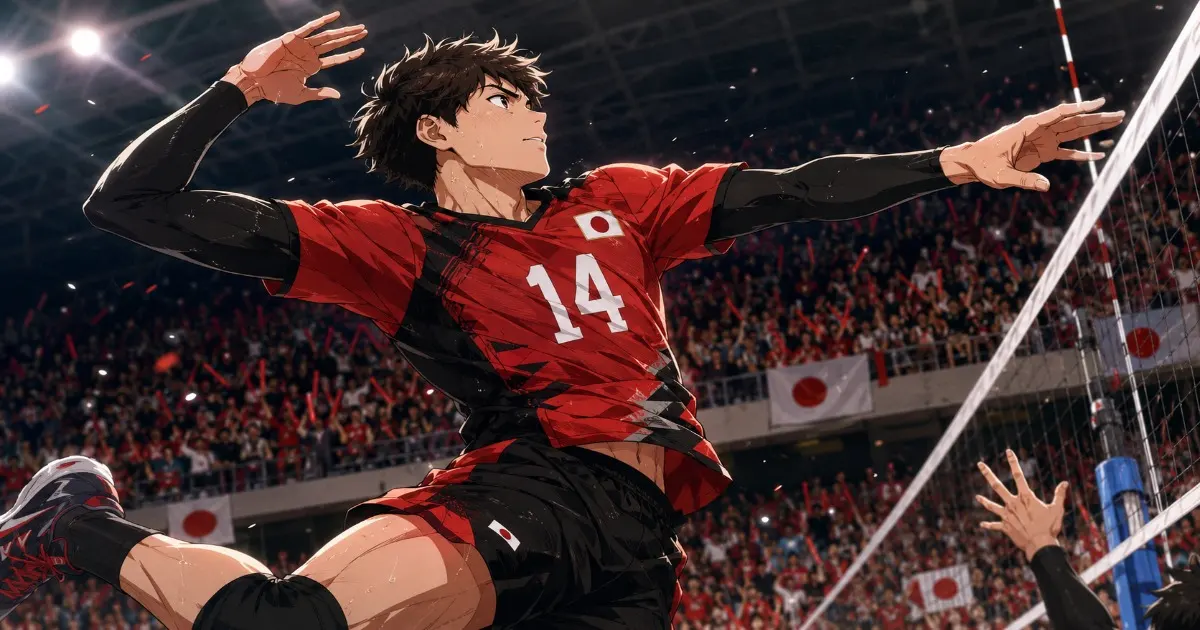 2026年男子バレー日本代表の赤黒ユニフォームを着た胸番号14の選手が、満員の会場でスパイクを放つアニメ風イラスト