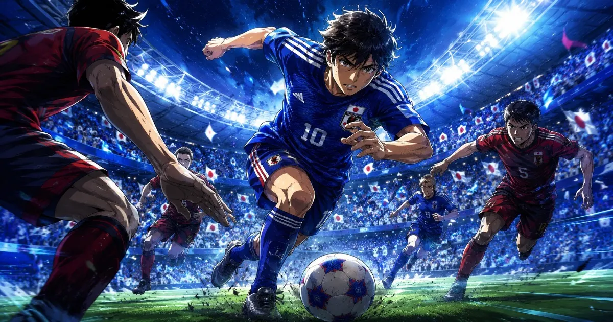 ワールドカップの大事な一戦に挑む日本代表をイメージしたイラスト風サッカー画像