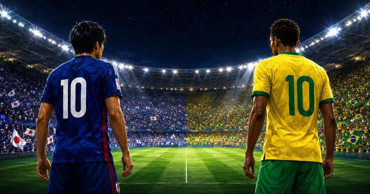 日本対ブラジル戦が行われるW杯2026決勝トーナメントの夜のスタジアムイメージ