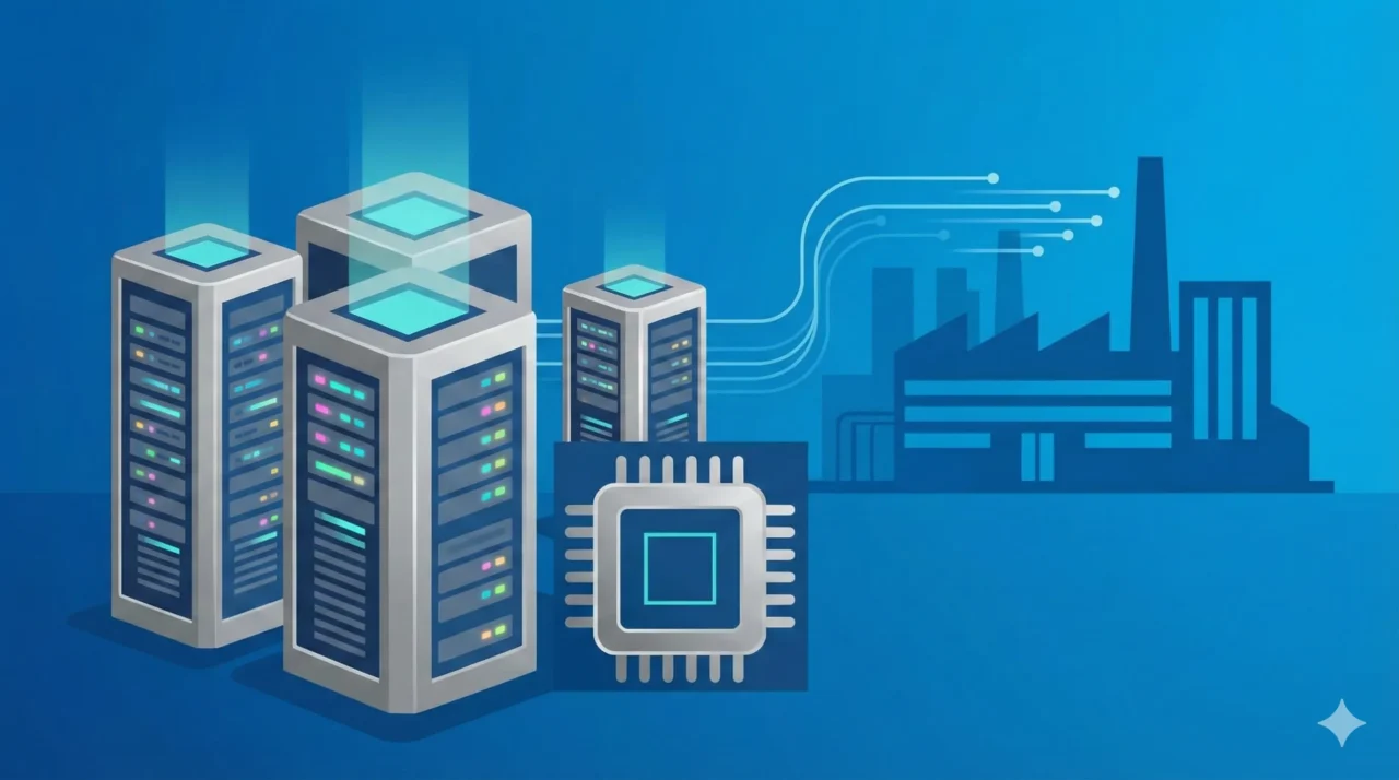 未来的なサーバー、チップ、工場のシルエット。ブルー基調＋グレー/シルバーのアクセント。