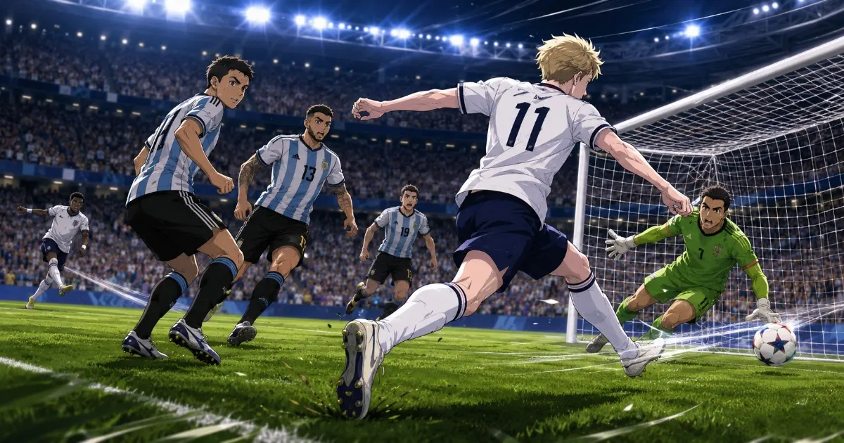 ゴードンがアルゼンチン戦で先制ゴールを決めるアニメ風イメージ