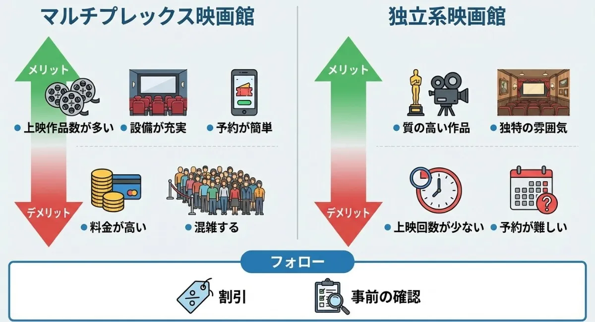 左側にシネコンのメリット(作品数・設備・予約のしやすさ)とデメリット(料金・混雑)、右側にミニシアターのメリット(作品の質・雰囲気)とデメリット(上映回数・予約のしづらさ)を比較した図解。下部に『フォロー』として、割引活用や事前確認のアイコンを配置しています。