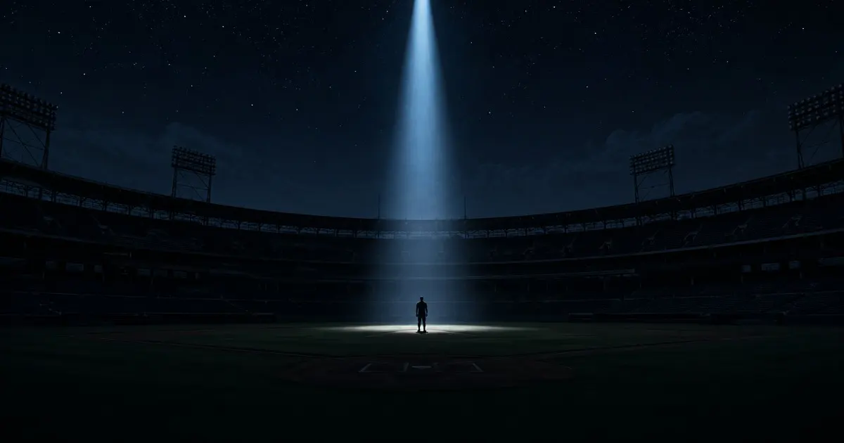 夜の広大な空の野球スタジアムの中央に立つ、一人の匿名のシルエットに包まれた人物を、真上からのスポットライト一本だけが照らし、観客席はすべて暗く空っぽで、孤独と静寂の感覚と遠くに星が見える夜空の中、顔や特徴は一切見えない純粋なシルエットと 深い影とクールな青のトーンでシネマティックなデジタルアート画像です。