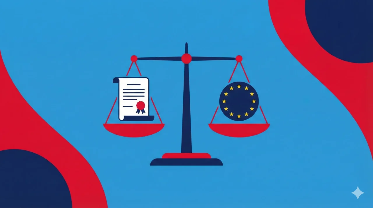 天秤、法的な文書、EUの星。ブルー基調＋レッド/厳格なブルーのアクセント。