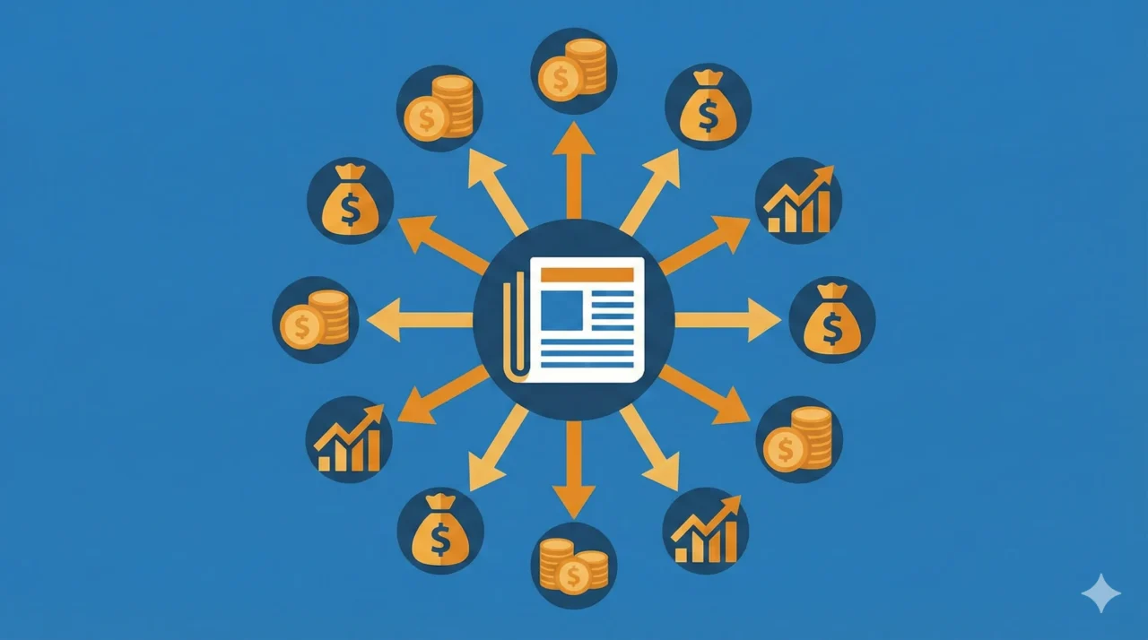 コンテンツから利益が分配される矢印の図解。ブルー基調＋オレンジ/ゴールドのアクセント。