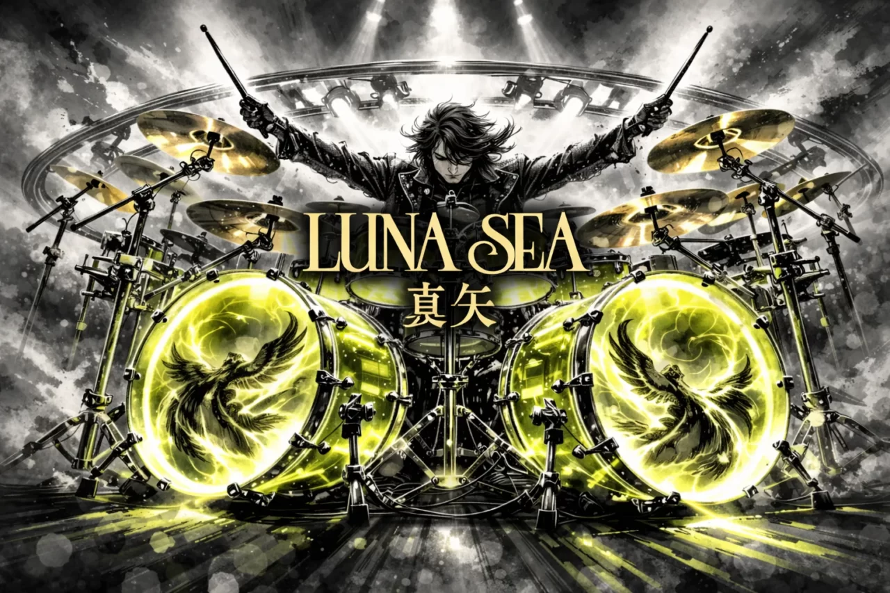 LUNA SEAの真矢さんがドラムを叩く姿とドラマーの幕開けの伝説の始まりを表した画像です。