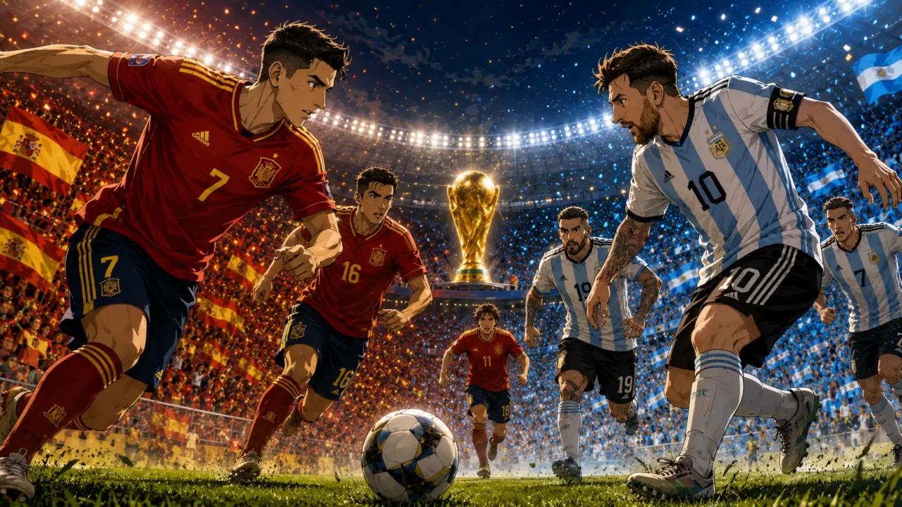 男子W杯2026決勝を象徴するスペインとアルゼンチンの対戦イメージ