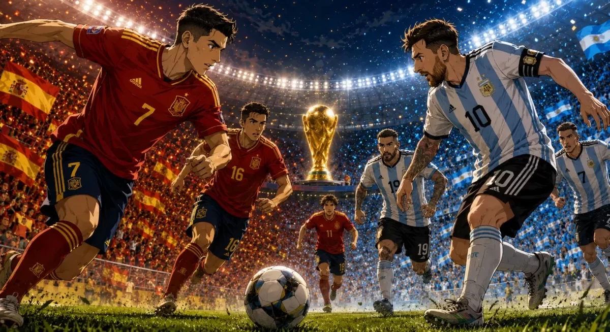 男子W杯2026決勝を象徴するスペインとアルゼンチンの対戦イメージ