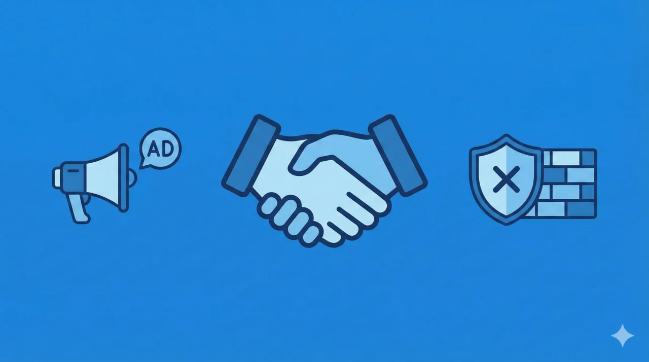 握手と広告、ブロックの対比。誠実なブルー基調。