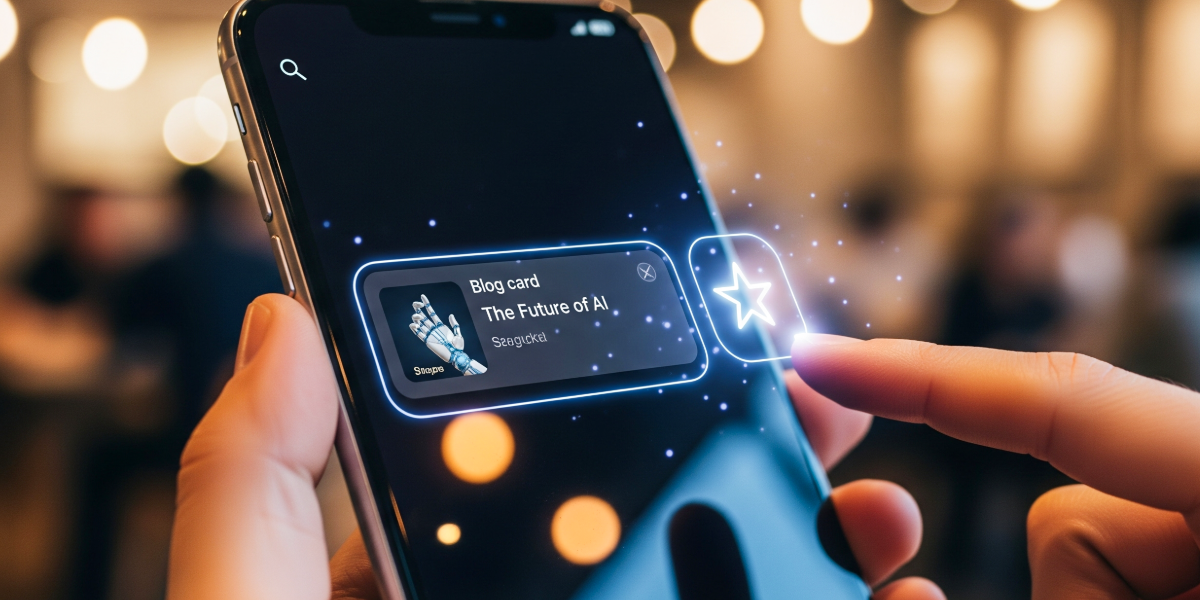 スマホの検索画面で、お気に入りのブログ記事の横にある星マークをタップして優先ソースに追加している様子。