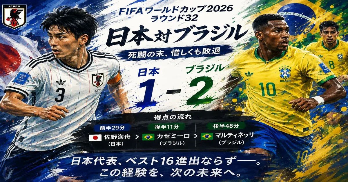 W杯2026ラウンド32の日本対ブラジル戦で、日本が1-2で敗れた試合結果と得点経過をまとめたイラスト図解
