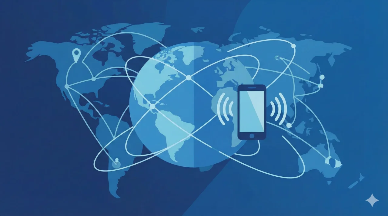 地球儀とスマホから広がるネットワーク。ブルー基調。