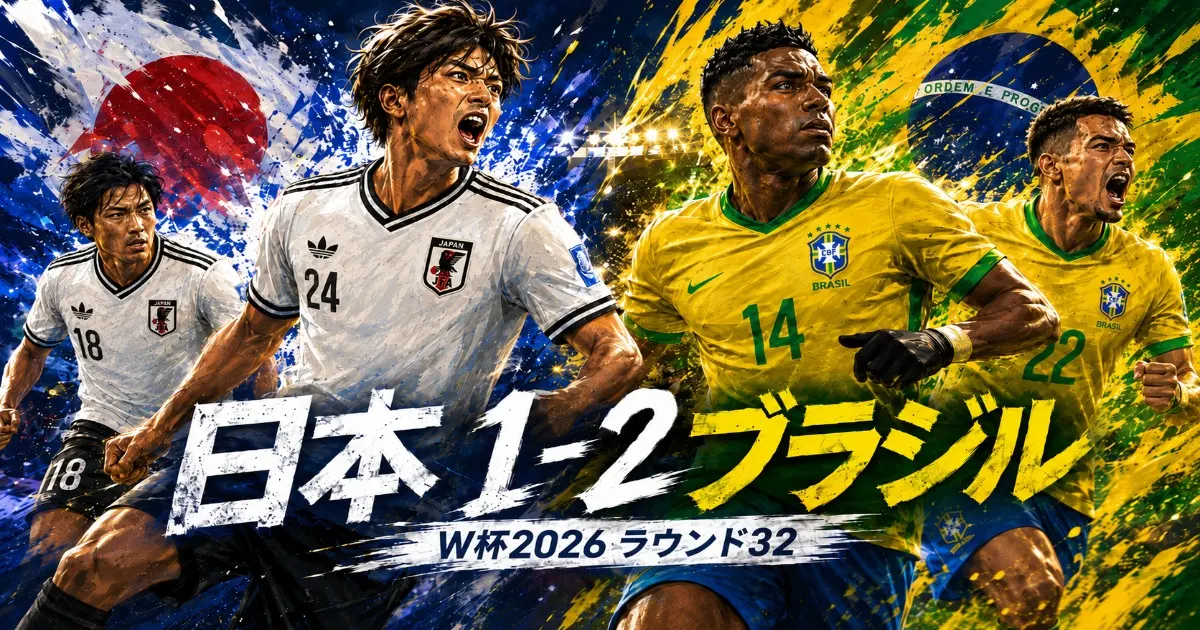 W杯2026ラウンド32の日本対ブラジル戦を描いた1-2敗戦イラスト