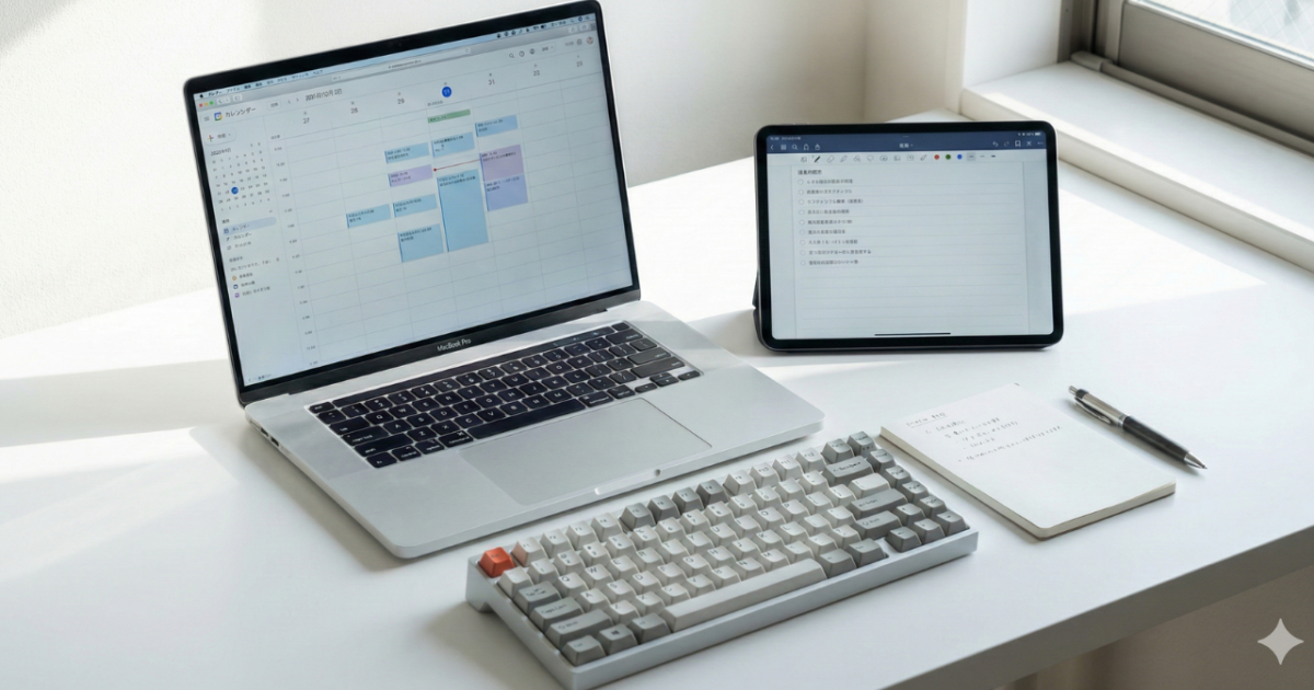 「ライフハックと効率化の追求」の章で、無駄なく整理されたデスク環境を表現し、2026年に向けて準備万端であるスマートな印象を与える画像。
