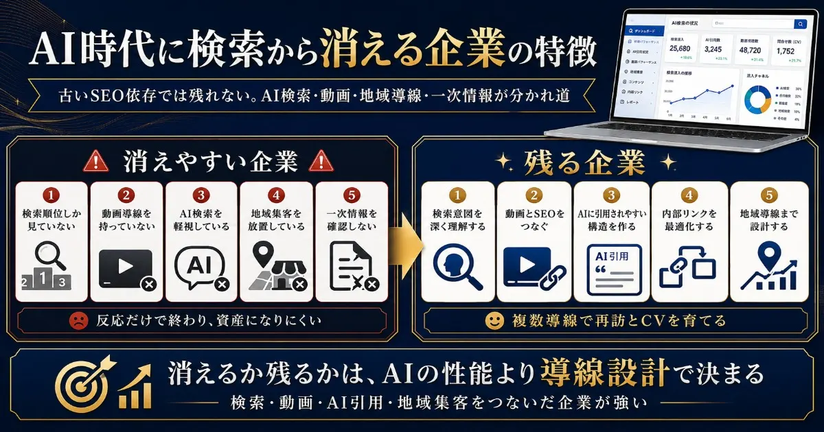 AI時代に検索から消える企業の特徴の本文を図解にして説明した画像。