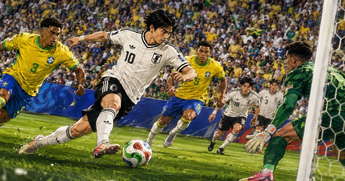 W杯2026ラウンド32の日本対ブラジル戦で、日本代表が白いユニフォームでブラジルゴール前に攻め込む場面を描いたイラスト