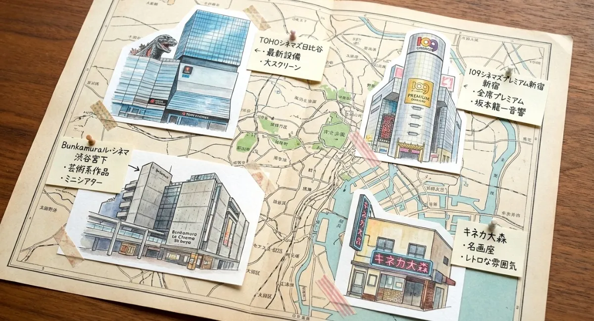 東京の地図上に、TOHOシネマズ日比谷・109シネマズプレミアム新宿・Bunkamuraル・シネマ・テアトル梅田・キネカ大森の外観イラストを配置したコラージュで、各劇場名と特徴を小さく表示しています。
