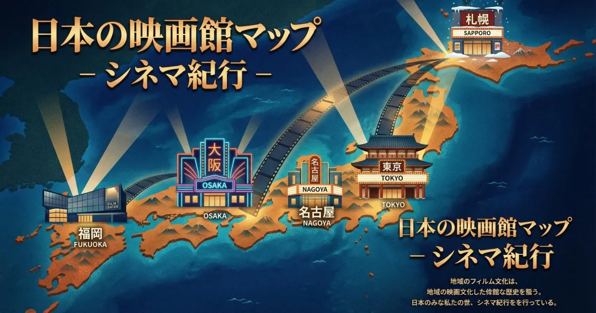 「日本地図の上に、東京・大阪・名古屋・札幌・福岡の映画館アイコンを配置したシネマチックでインフォグラフィック風イラスト。日本語文字。