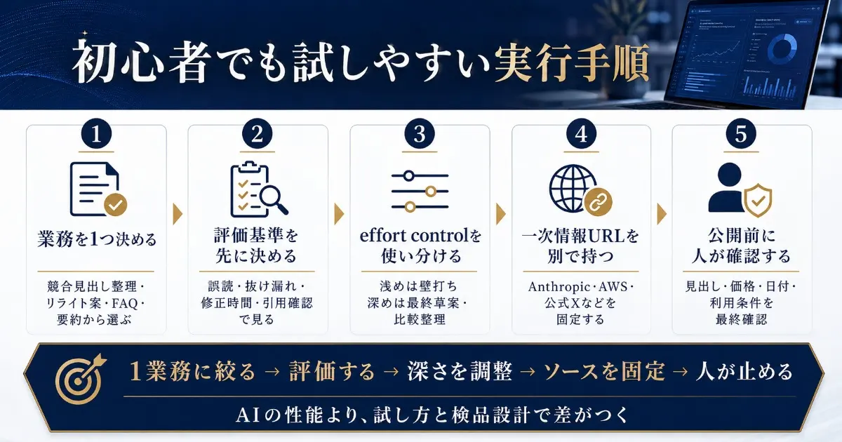 初心者でも試しやすい実行手順を図解で説明した画像。