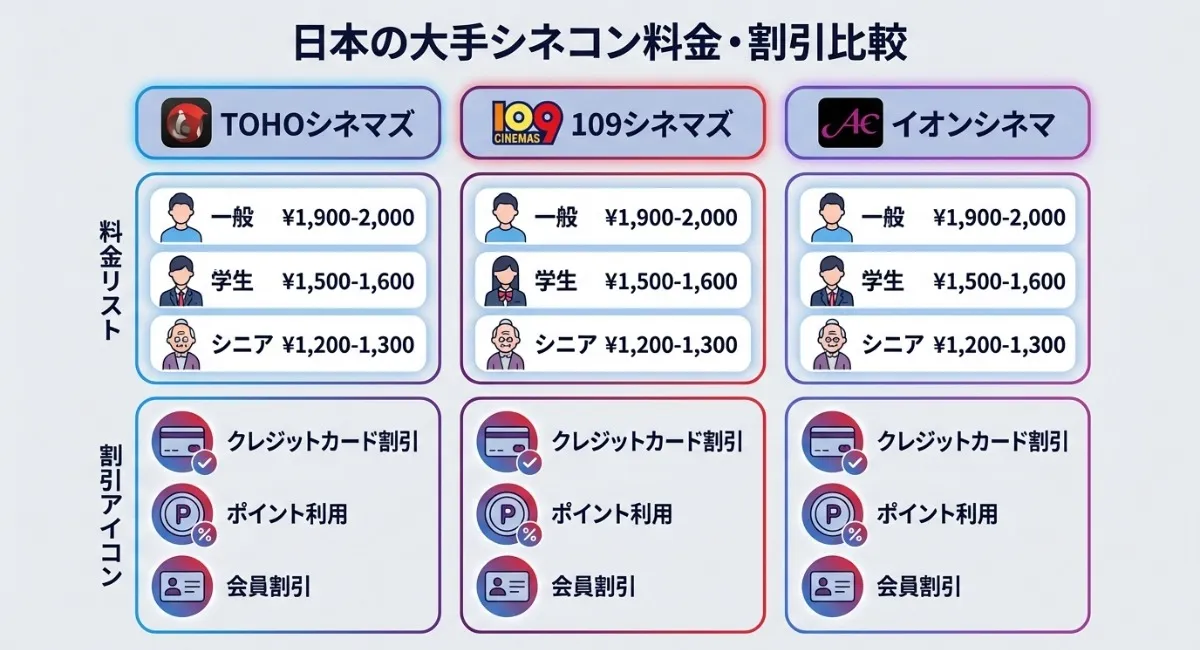 TOHOシネマズ・109シネマズ・イオンシネマの料金表(一般・学生・シニア)と、割引アイコン(クレジットカード・ポイント・会員割引)を配置したインフォグラフィック風イラストです。