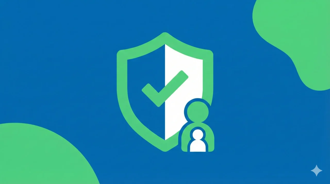 盾（シールド）と保護される人物のアイコン。ブルー基調＋グリーンのアクセント。