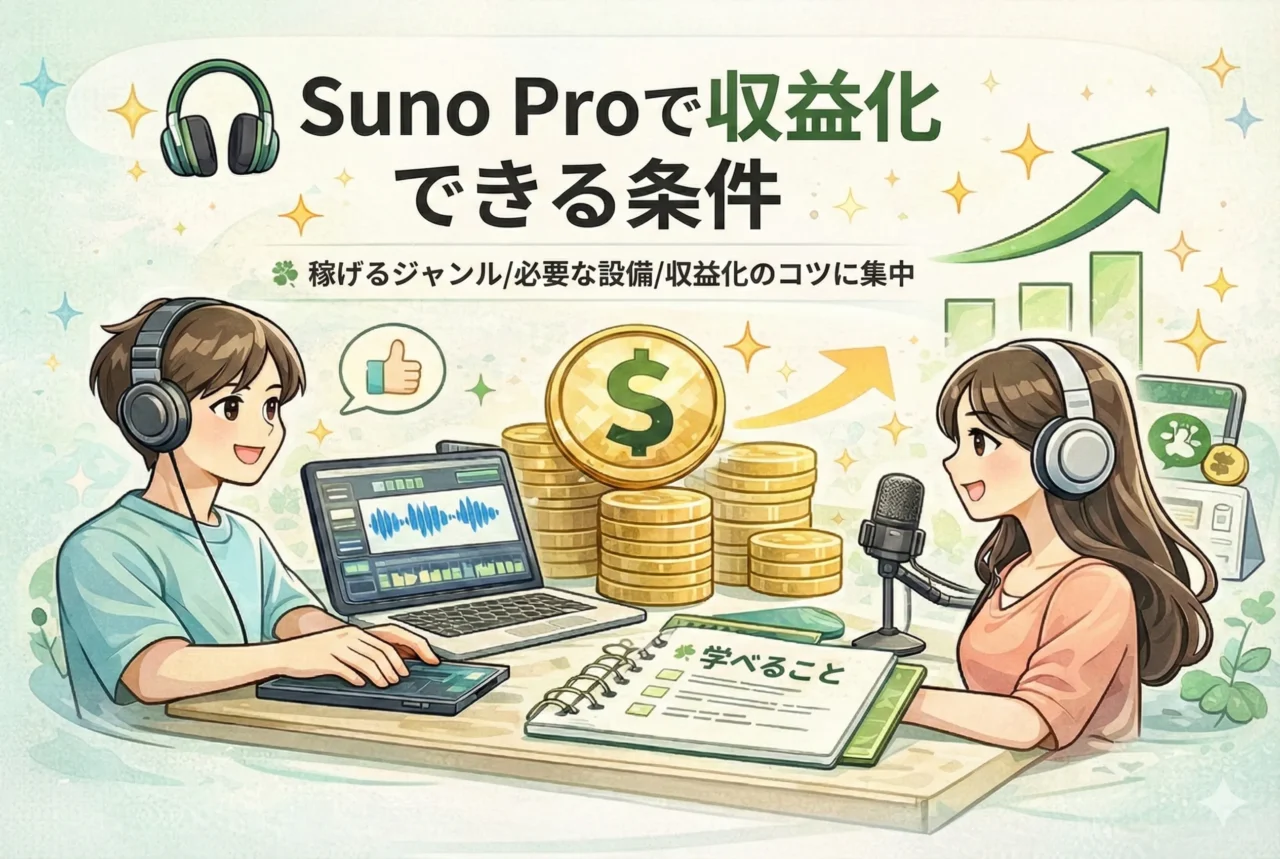 ヘッドホン、コイン、グラフ（収益イメージ）、作業している人物の画像です。