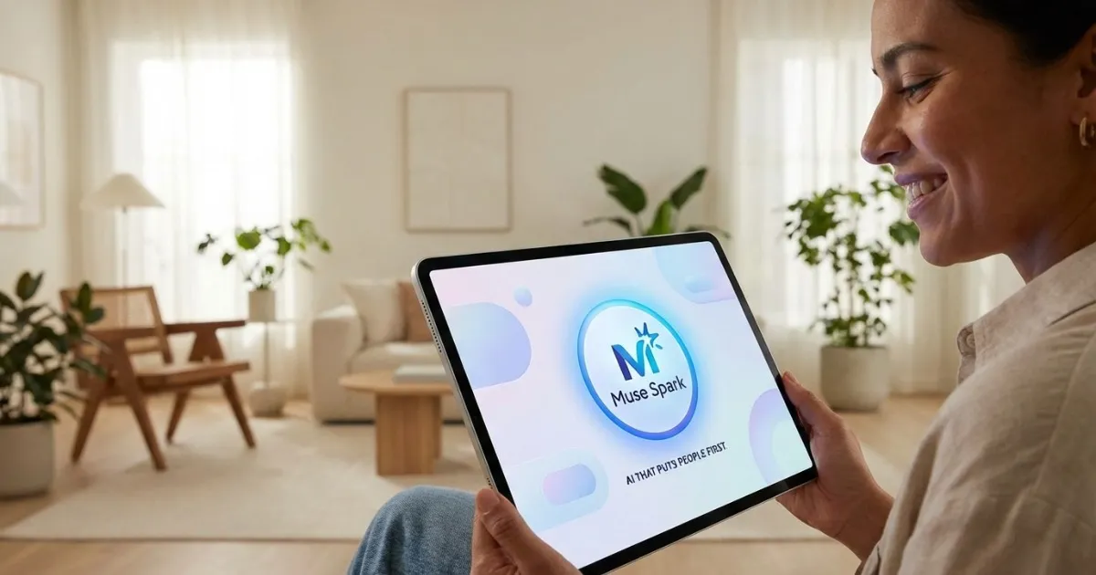 現代的なスマートフォンやタブレットの画面に、優しい青色のAIアシスタントアイコン（Muse Spark）が表示していて、背景は明るいオフィスやリビングで、ユーザーが画面を見ながら微笑んでいる様子で、画面内には「Muse Spark」「Meta Superintelligence Labs」をイメージしたロゴが控えめに表示されていて、全体として「人を優先するAI」という安心感と未来感を表現した、クリーンでモダンなデザインの画像です。