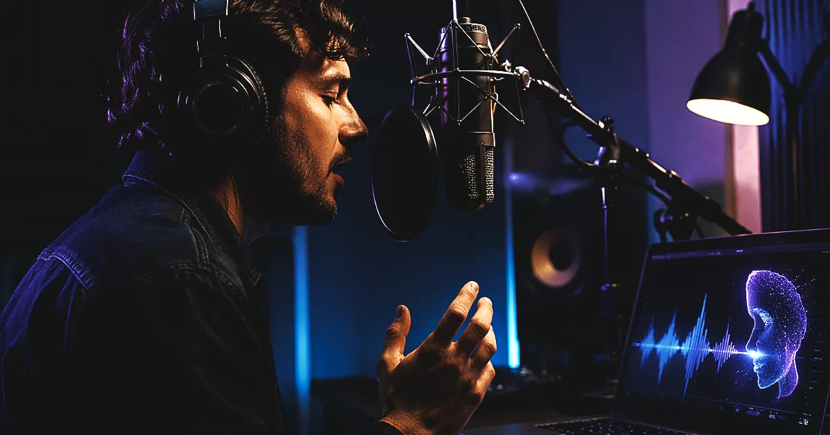 高品質なレコーディング風景。男性クリエイターがマイクに向かって自然に発声し、ノートPCには音声波形とAIボーカル生成を連想させる未来感のあるインターフェース風表示。背景は暗めのスタジオ、青紫系の控えめなライティング、音楽制作の没入感、自分の声をAIで曲にする革新的な印象、写実的、上品、横長構図、editorial technology style, realistic voice recording setup, premium audio production mood, no text, no logo, no watermark