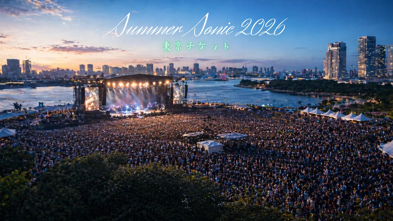 真夏の大型音楽フェス東京公演のチケット争奪を連想させる、臨場感のある実写風ビジュアル。夕方から夜にかけてのフェス会場を背景に、遠景に巨大ステージと熱気のある観客、都会的で洗練された夏フェスの空気感の中で、人気公演らしい緊張感と期待感が同時に伝わる構図で、青空で上質でスタイリッシュな雰囲気の画像です。