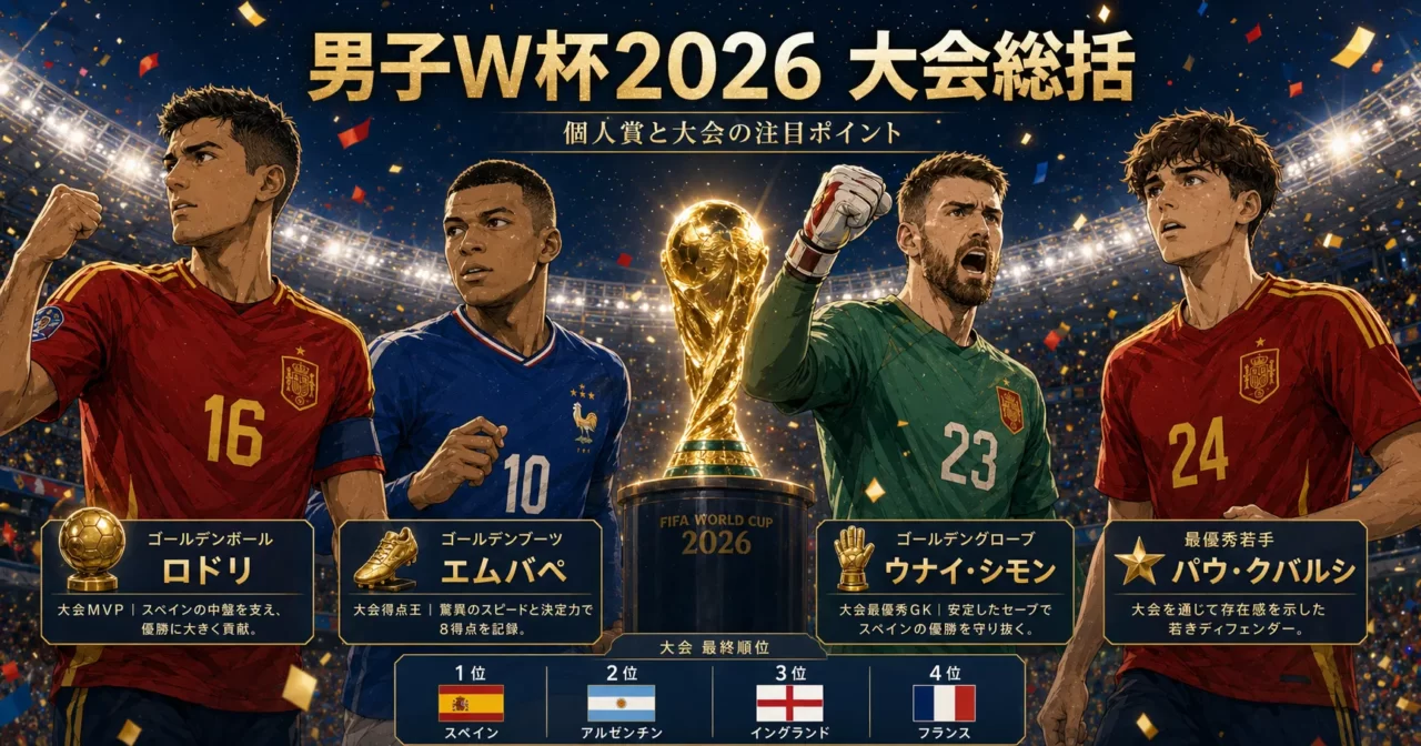 男子W杯2026の個人賞と大会総括をイメージしたビジュアル