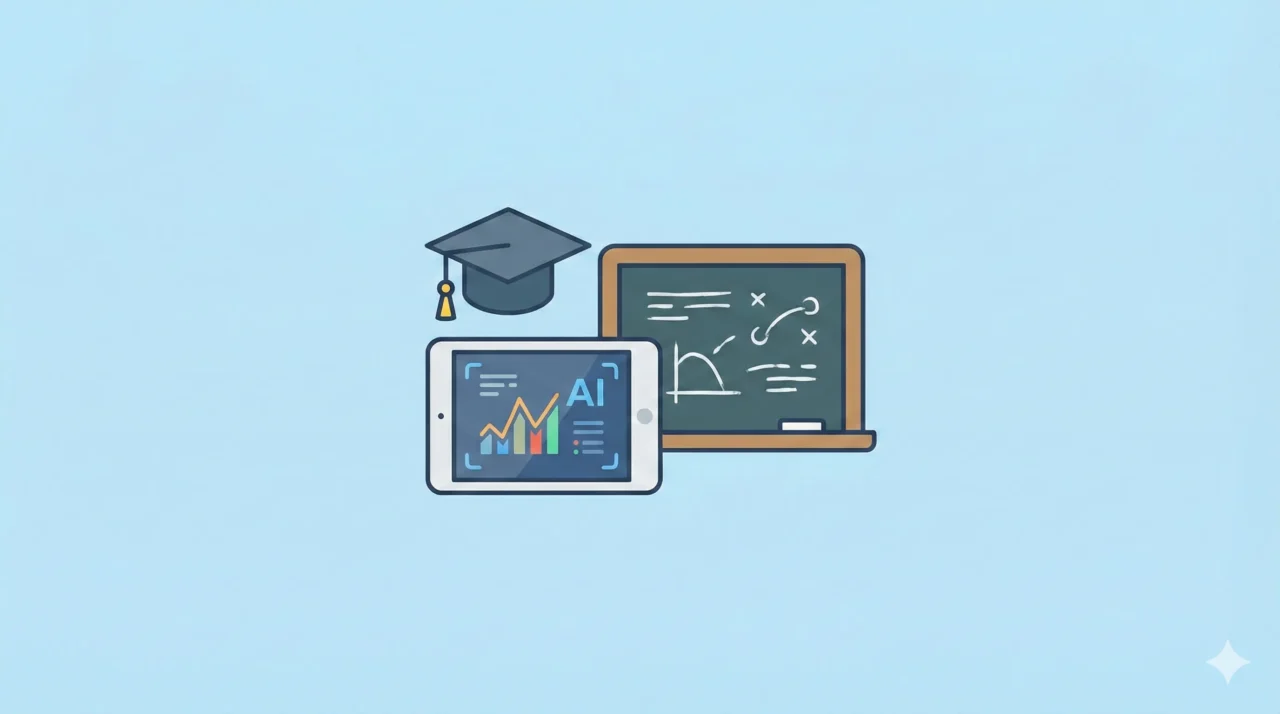 卒業帽、タブレット、黒板。知的なライトブルー基調。