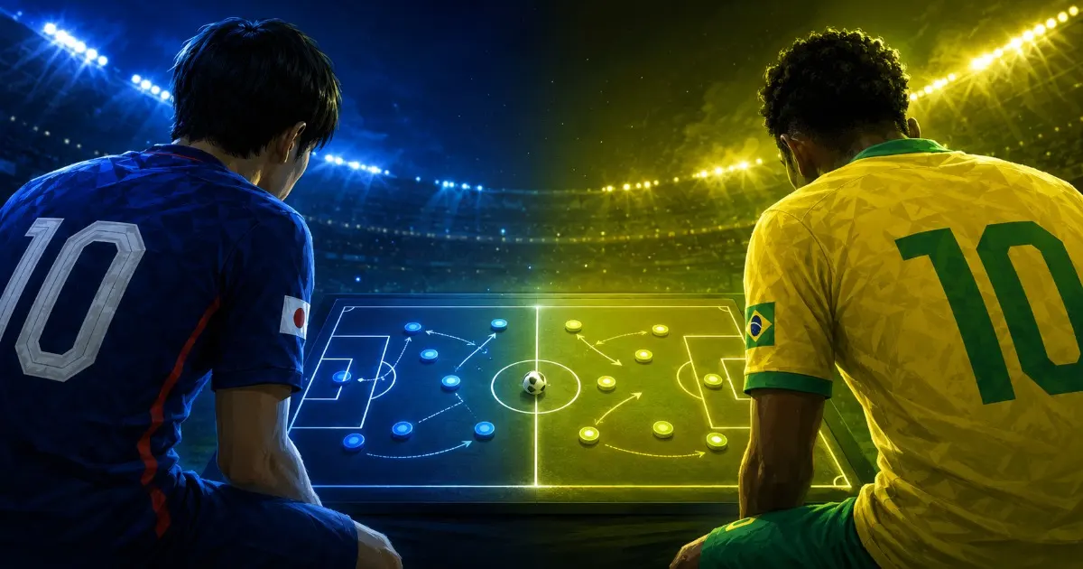 日本対ブラジル戦の注目ポイントを表すサッカーピッチと戦術イメージ