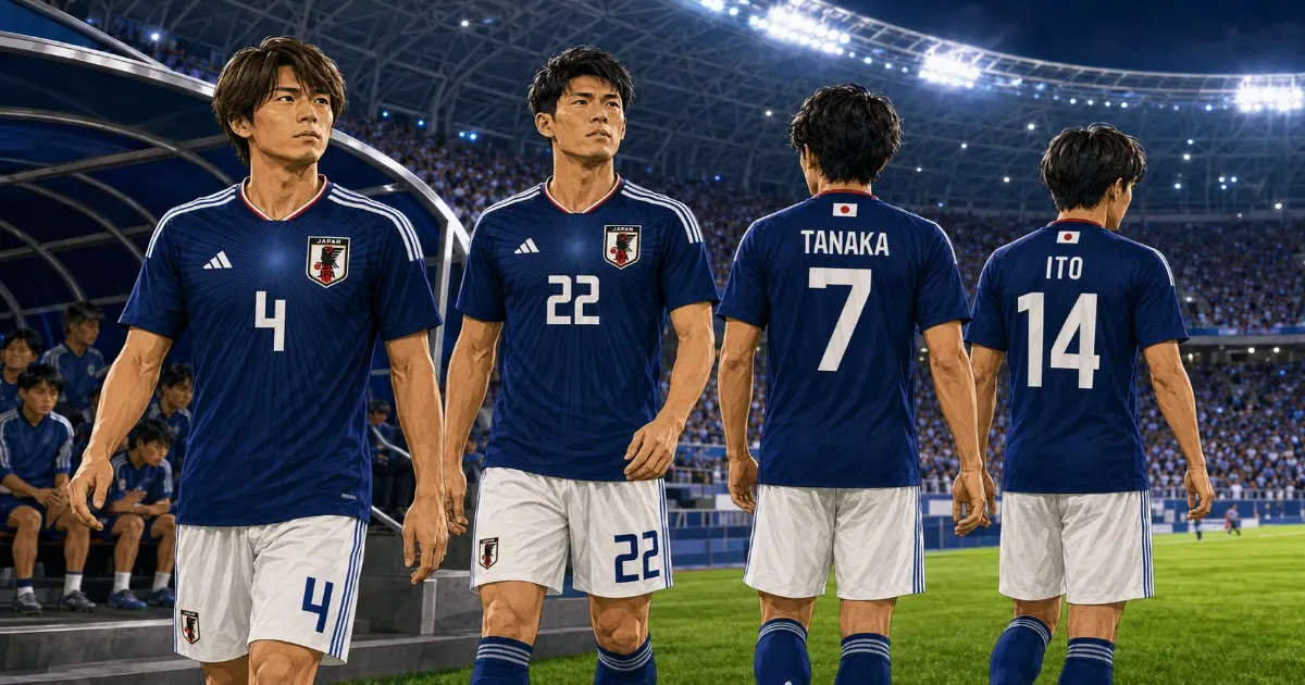 チュニジア戦で先発に入った板倉滉、冨安健洋、田中碧、伊東純也のイラスト