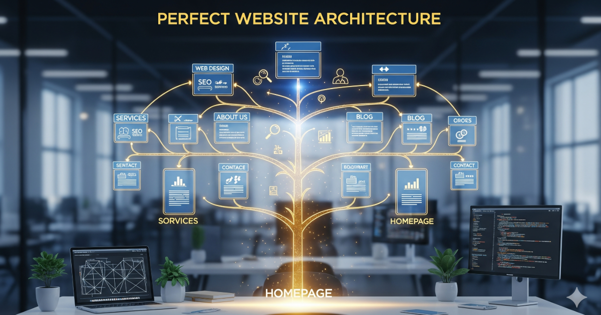 記事のテーマである「完璧なサイト設計」をイメージした、とびきりクールで知的なイメージ画像です。