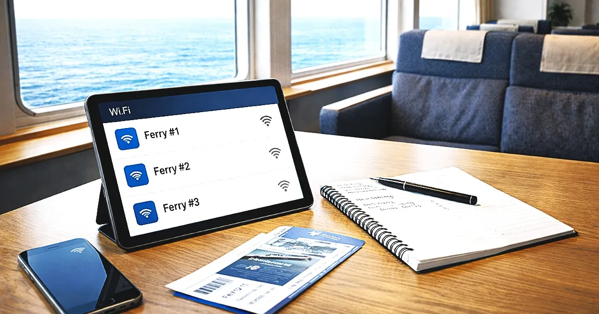 フェリーのWi-Fi情報と旅行準備をイメージした画像です。