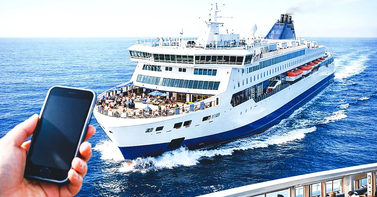 海の上でフェリー船同士がすれ違って時にスマホで撮影するところをイメージした画像です。