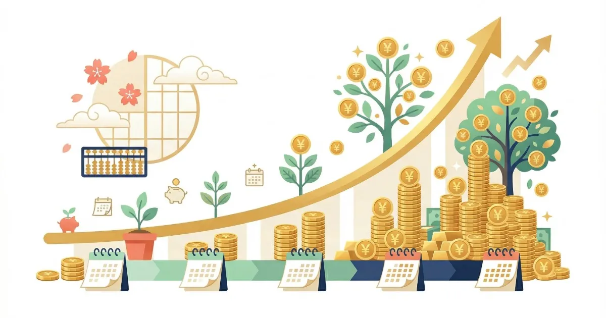 資産運用の複利のシステムを表している画像です。